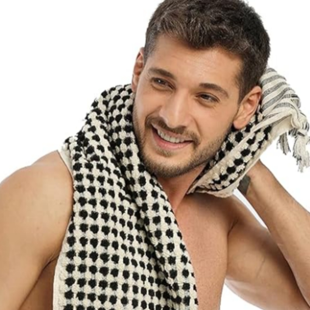 Turkish Cotton Spa Hair Peshtemal Hand Towel Black Ivory Pom Pom Houndstooth - Picture 5 of 8